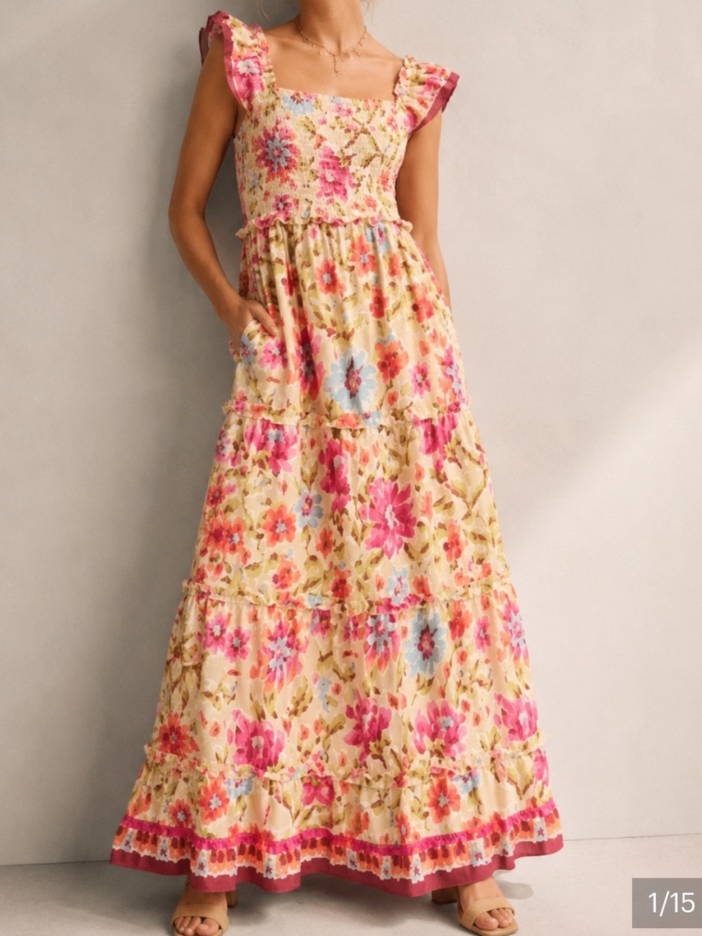 House of Harlow 1960 Cream Maxi Dress with Pink Floral Print